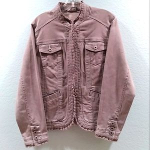 Chico's Platinum Ruffel Trim Gray Denim Jacket Hook Eye Chest And Hand Pockets